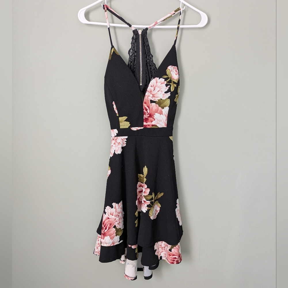 Emerald Sundae Black and Pink Floral Mini Dress